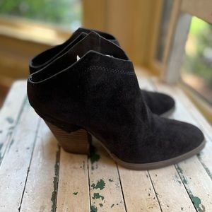 Graphite suede slip on boot. Stacked heel. Size 8